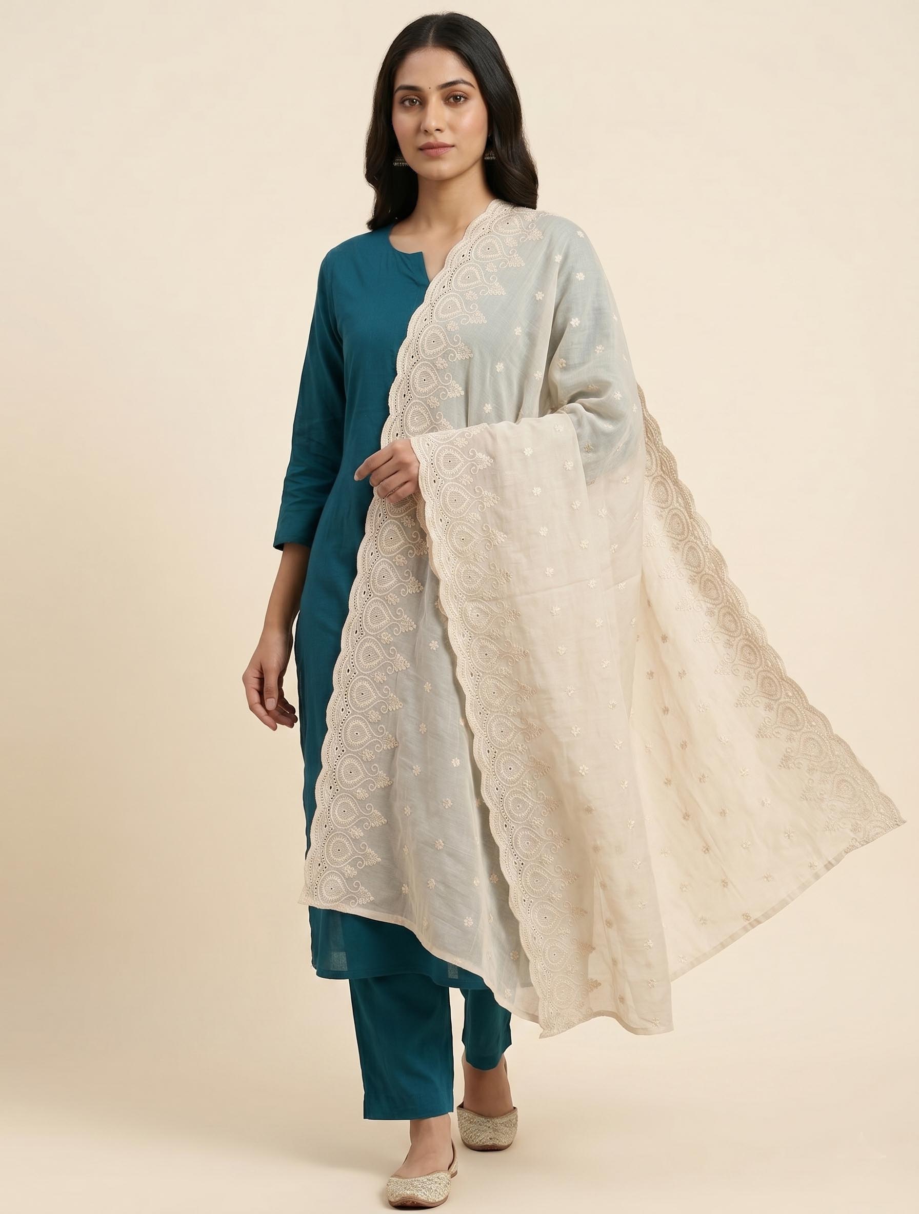 Trendzmy Pure Cotton Cora Dupatta for Women | Cream Color Thread Embroidered Dupatta | Lucknowi Chikankari Style Heavy Border Ethnic Dupatta