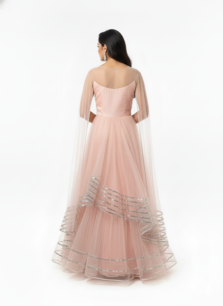 The 'Blush Petal' Embellished Organza Net Gown in Pinkish Peach Color