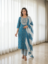 Ocean Teal Bandhani Mercerized Cotton Kurta Set with Mirror Work & Shibori Tie-Dye Chiffon Dupatta