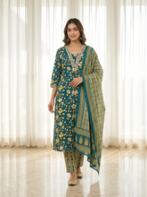 Teal Blue & Mustard Floral Print Pure Cotton Kurta, Pant & Dupatta Set