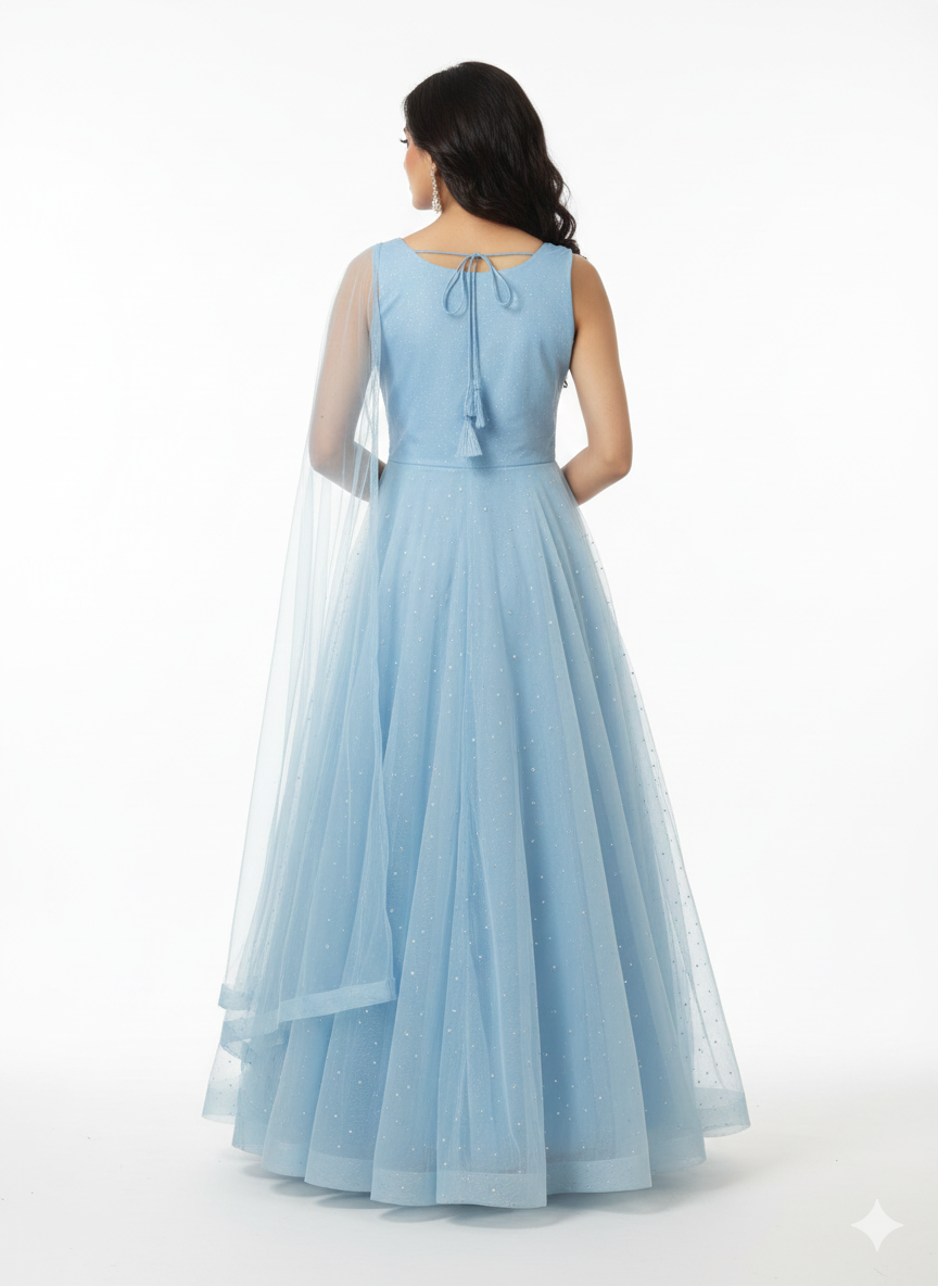 The Celeste Sky Blue Asymmetric Designer Gown