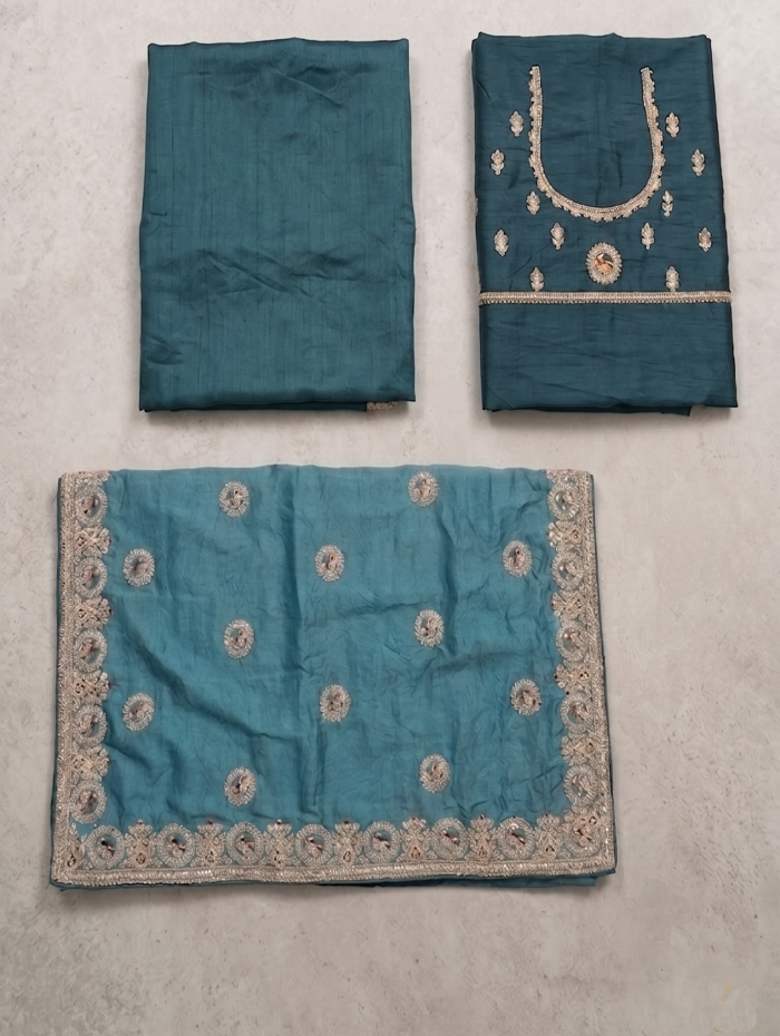 Premium Teal Blue Silk Saree with Intricate Gold Zari Embroidery and Circular Work