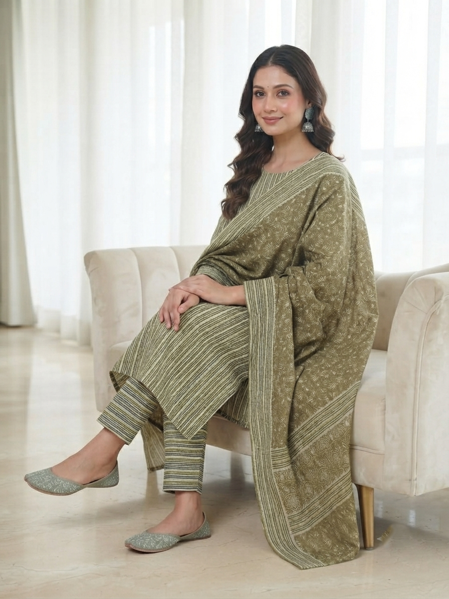 Olive Green Floral Block Print Pure Cotton Kurta, Pant & Dupatta Set
