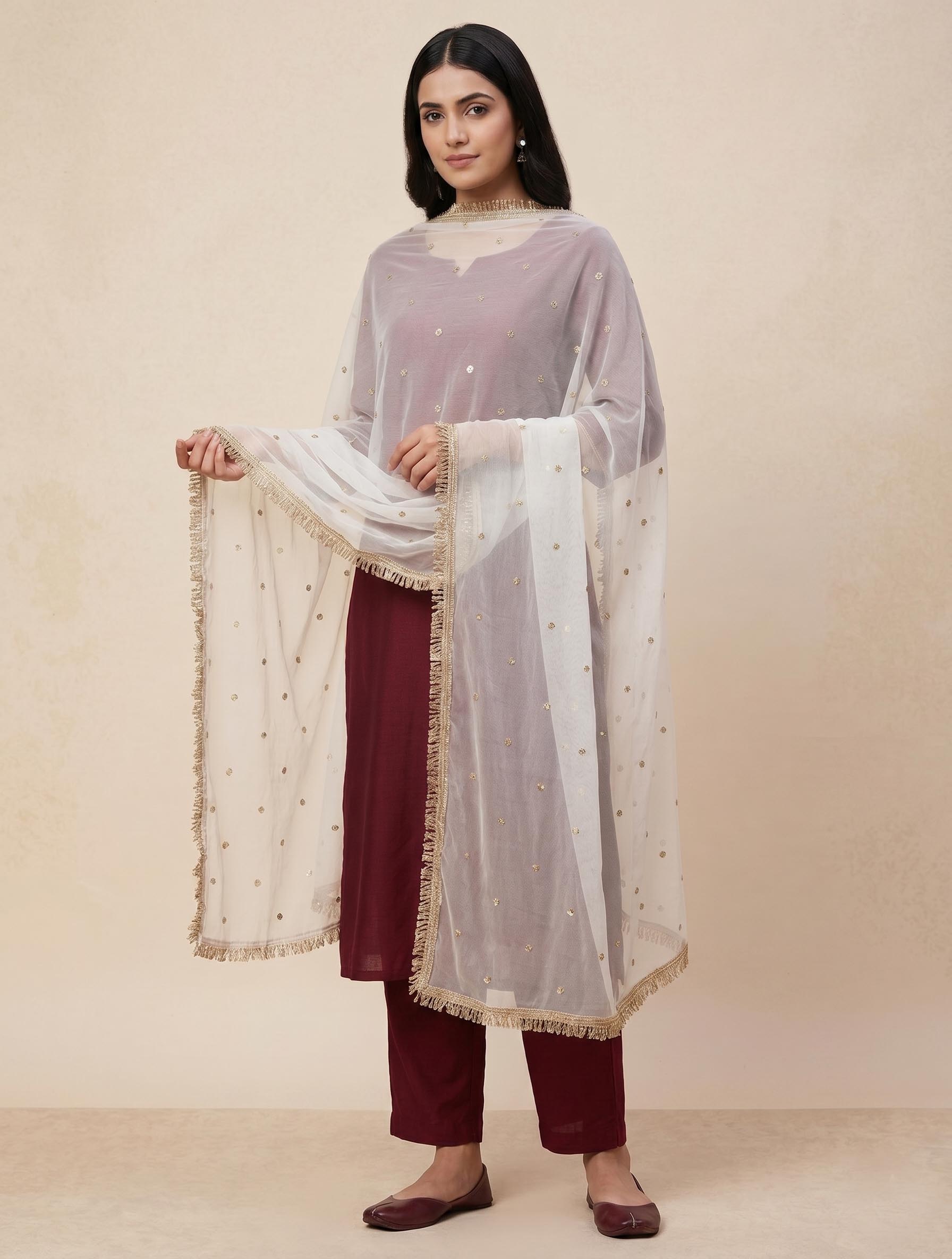 Elegant White Chiffon Dupatta with Muted Gold Sequin Butis and Fringe Lace Border White