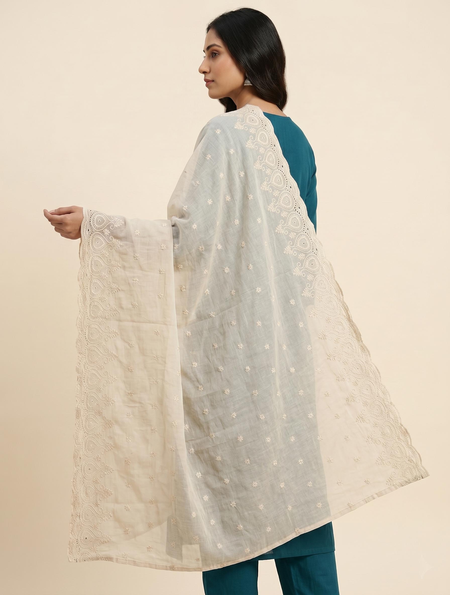 Trendzmy Pure Cotton Cora Dupatta for Women | Cream Color Thread Embroidered Dupatta | Lucknowi Chikankari Style Heavy Border Ethnic Dupatta