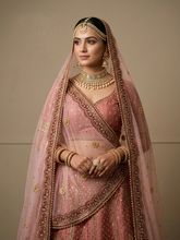 Blush Pink Net Bridal Dupatta with Kundan Motif Work & Scalloped Cutwork Border | TrendzMy