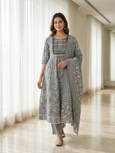 Grey Printed Pure Cotton Frock Kurta, Striped Pant & Printed Dupatta Set