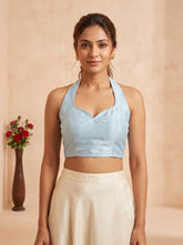 Women Solid Padded Sweetheart Neck Halter Neck Raw Silk Readymade Saree Blouse Sky Blue Free