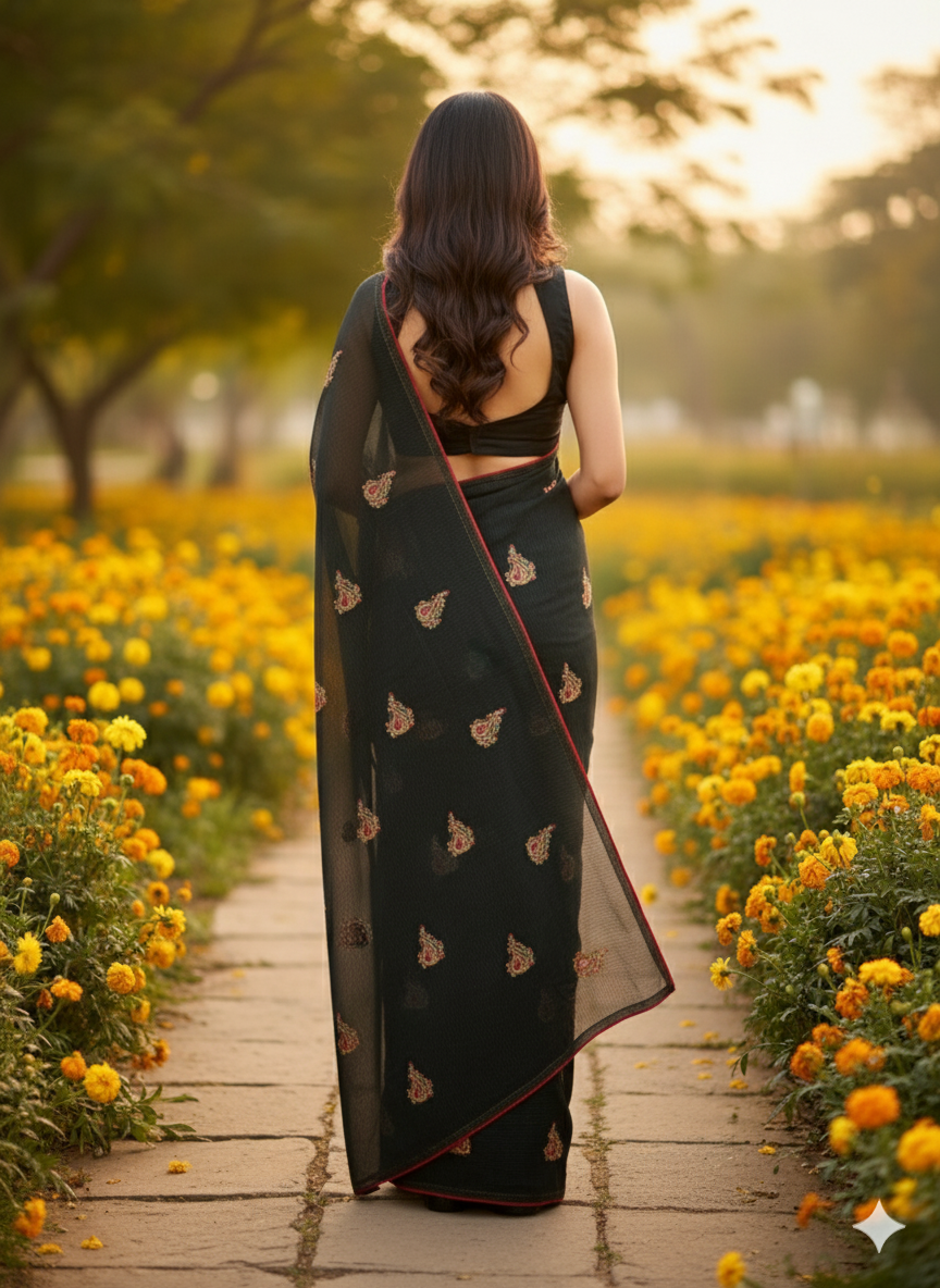 Women Black Striped Saree with Multicolor Paisley Embroidery & Red Border