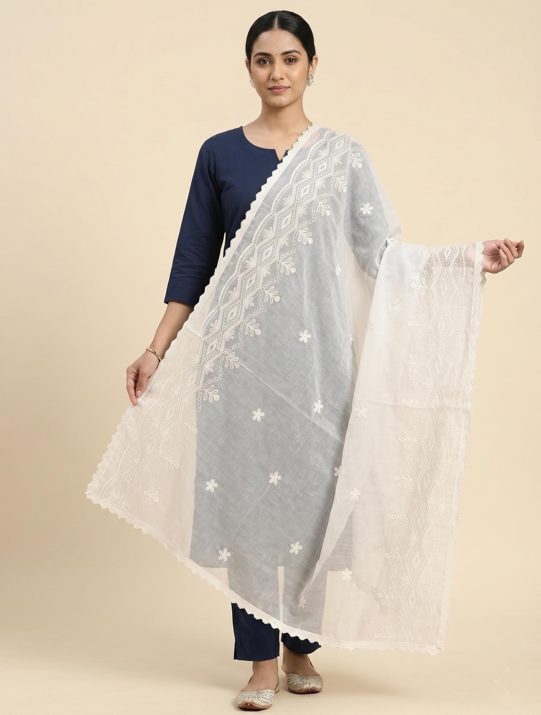 Trendzmy Pure Cotton Cora Thread Work Dupatta for Women | Cream Color Embroidered Chikankari Style Dupatta | Soft Cotton Ethnic Dupatta