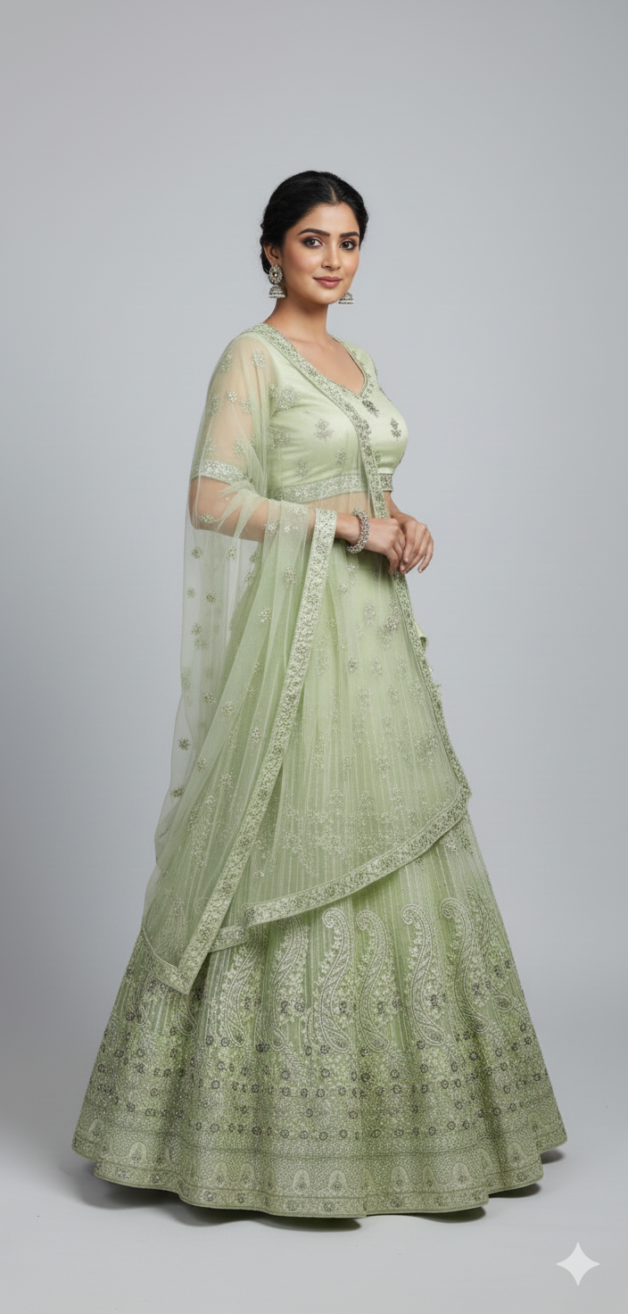 Unstitched Parrot Green Net Partywear Lehenga Choli Set (Unstitched)