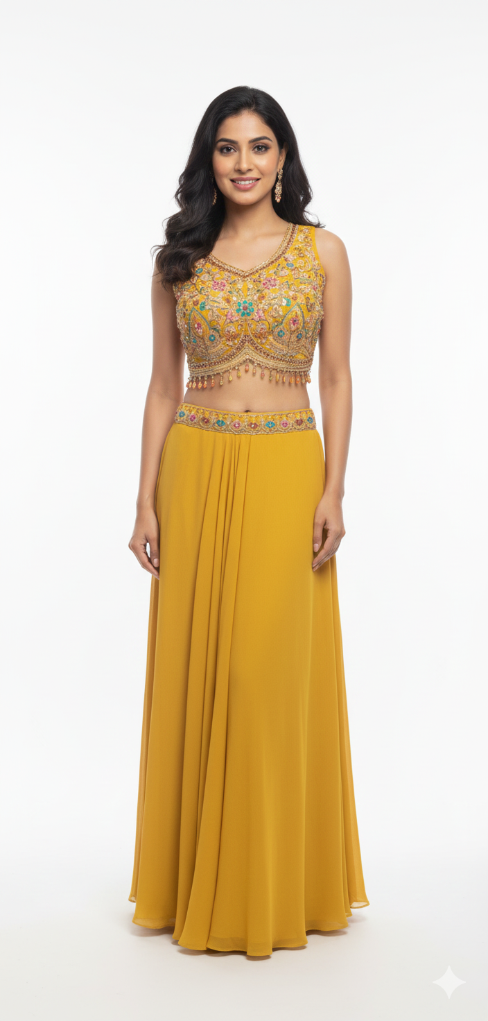 Women Contemporary Mustard Yellow Georgette Skirt Set with Threadwork Blouse