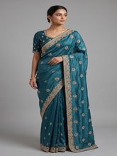 Premium Teal Blue Silk Saree with Intricate Gold Zari Embroidery and Circular Work Blue