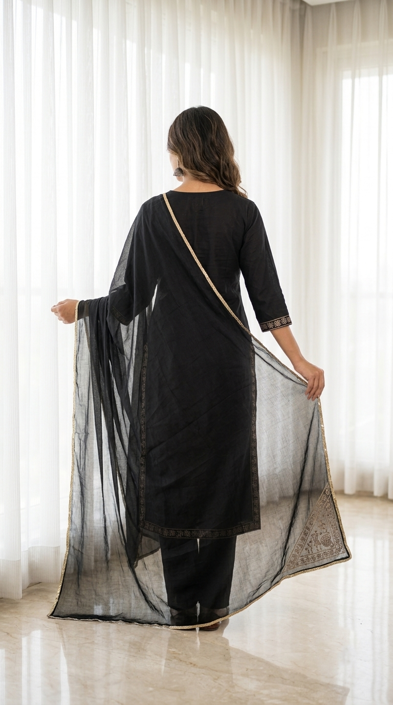 Jet Black Mercerized Cotton Embroidered Kurta, Pant & Chiffon Dupatta Set