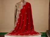 Bright Red Butterfly Velvet Bridal Stole Short Dupatta with Cut-Work Sequin & Foil Border