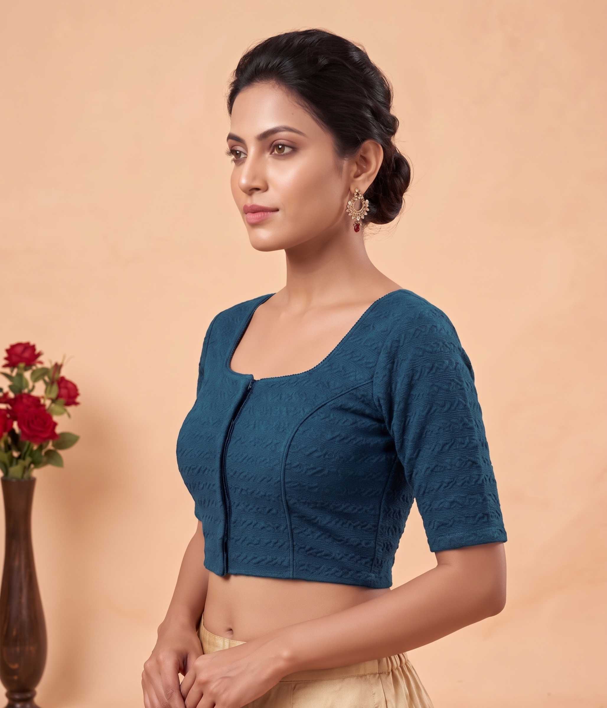 Trendzmy Women Woven Square Neck Cotton Blend Lycra Stretchable Readymade Saree Blouse