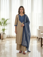 Beige & Indigo Printed Yoke Pure Cotton Kurta, Pant & Dupatta Set