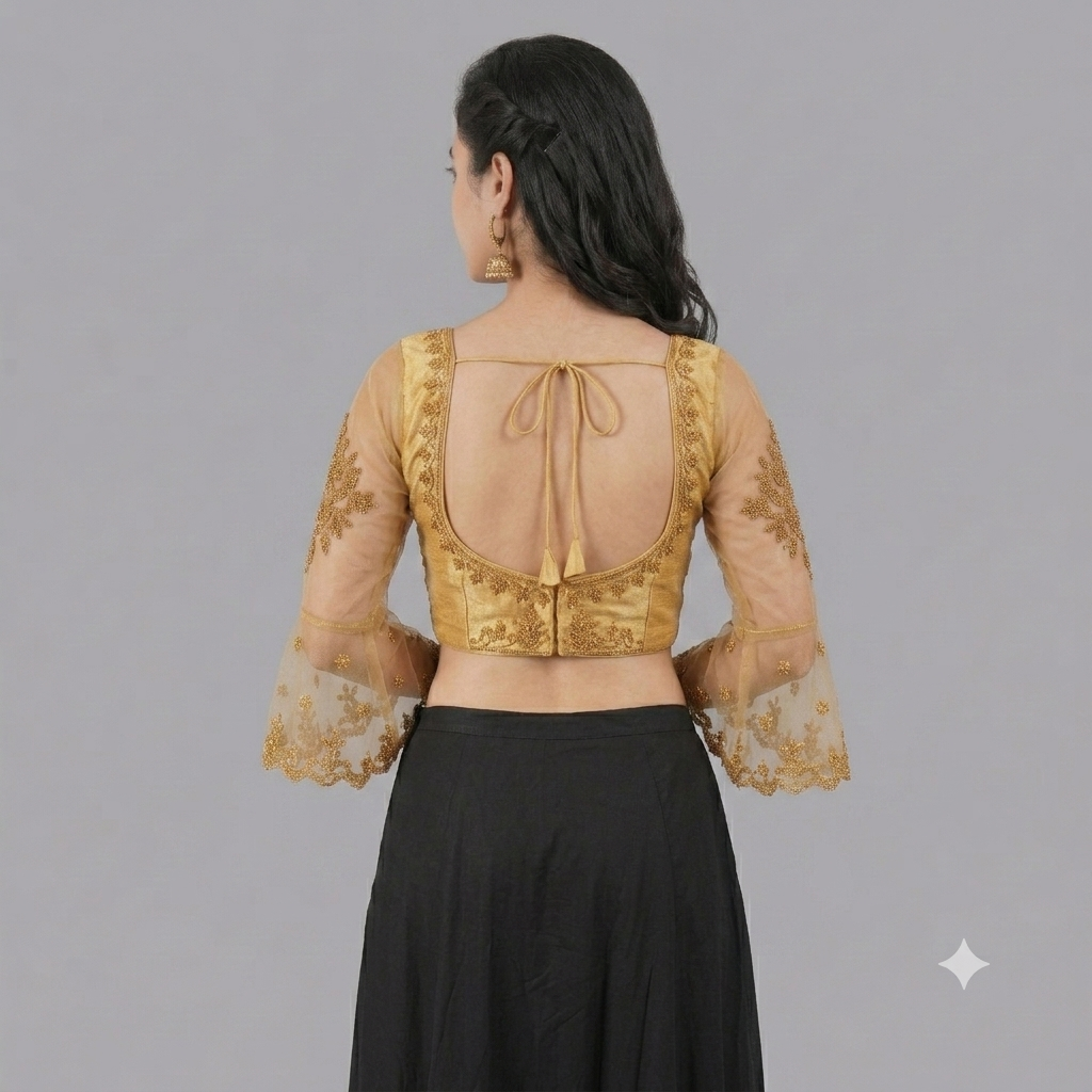 Women's Gold Embroidered Designer Blouse | Bell Sleeves Net Saree Blouse | Party Wear & Wedding Readymade Blouse