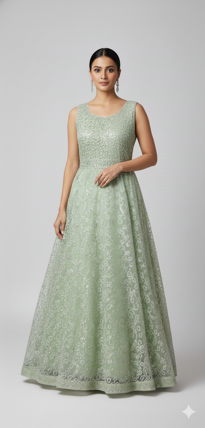 Stitched Pista Green Net Partywear Gown (M Size)