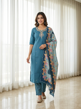 Teal Blue Embroidered Silk Kurta, Straight Pant & Scalloped Floral Dupatta Set Peacock Blue