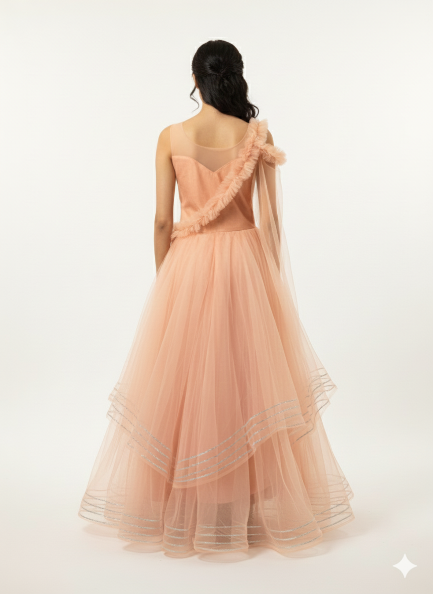 Ethereal Peach Net Tiered Gown with Attached Cascade Dupatta