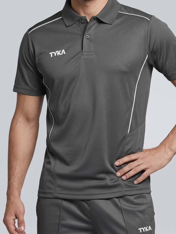 TYKA Prima Men Grey Sports Polo T-Shirt H/S- Quick Dry Activewear with Contrast Piping