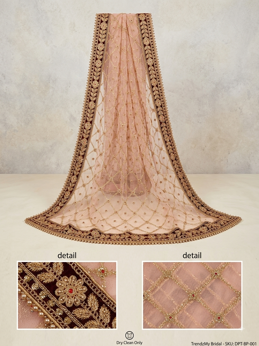 Royal Onion-Sheer Net Bridal Dupatta – Intricate Gold Zari & Velvet Scallop Border