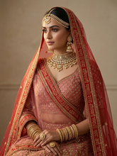 Red Bridal Net Dupatta with "Sada Saubhagyavati Bhava" Shloka & Antique Gold Embroidery | TrendzMy