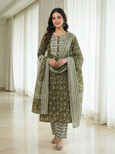 Olive Green Floral Block Print Pure Cotton Kurta, Pant & Dupatta Set