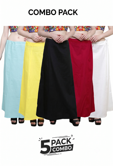 Premium Cotton Saree Petticoat (Pack of 5 Combo) – Sky Blue, Yellow, Black, Red, White | Regular Fit Multi-Color Inskirt Set Solid