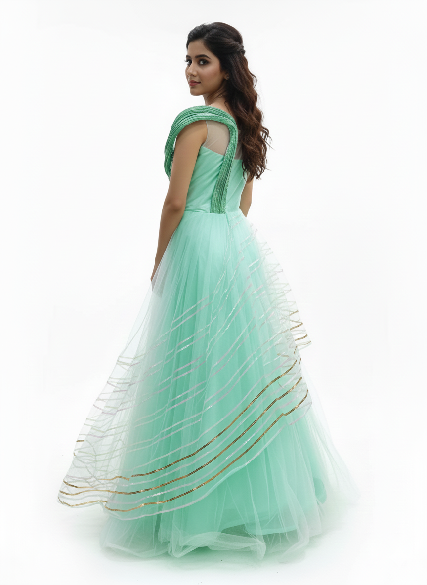 Mint Green Net Gown with Ruffle Dupatta-Style Sleeves & Sequin Embellishment