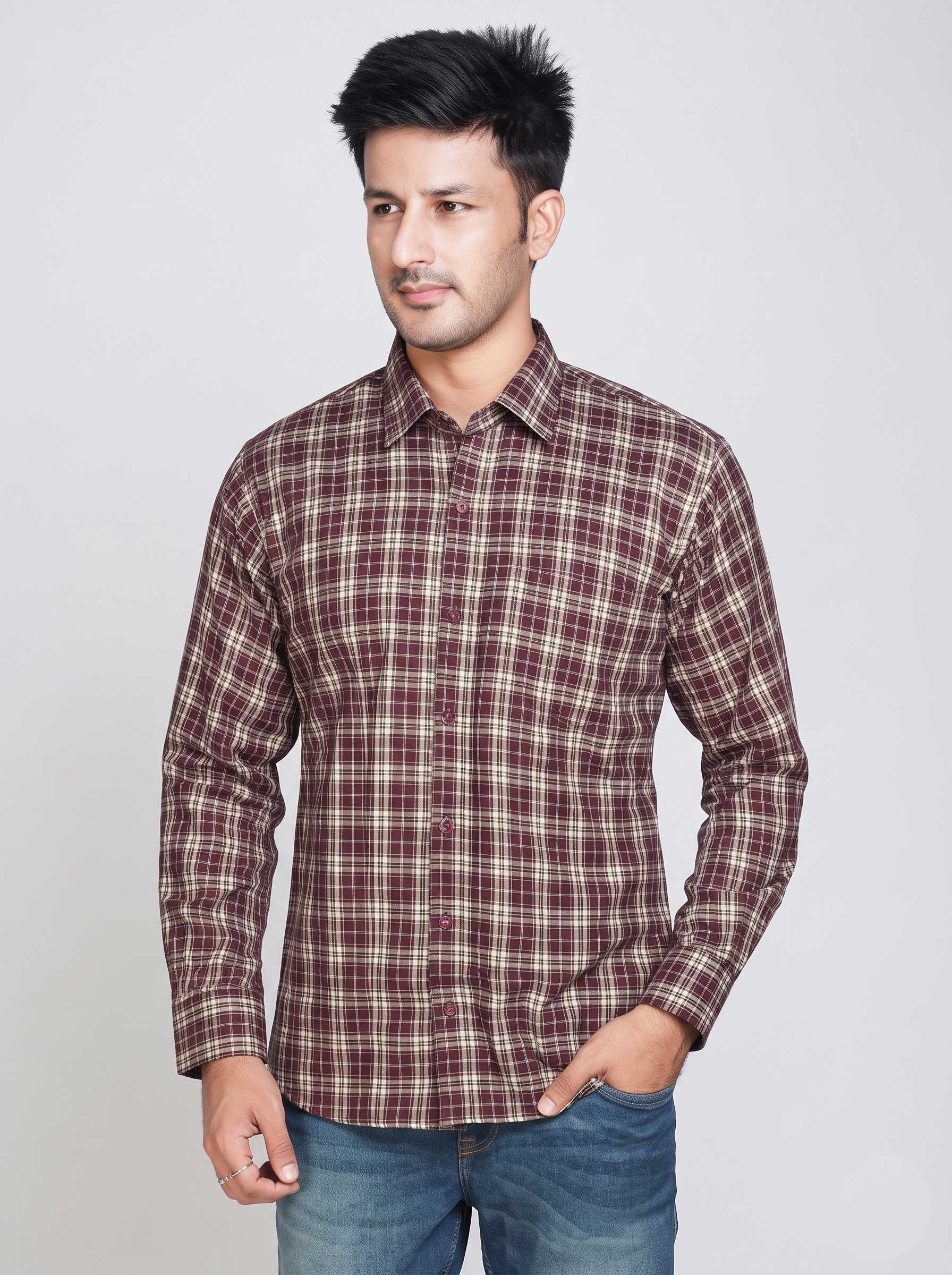 Trendzmy Men’s Maroon Checkered Regular Fit Full Sleeve Wool Blend Casual Shirt Maroon