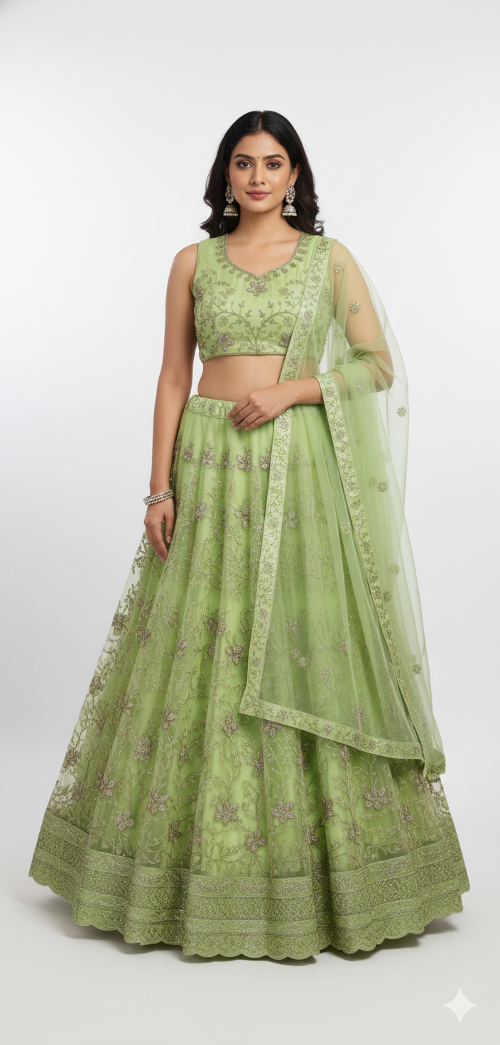 Fresh Parrot Green Net Party Wear Lehenga Choli (Unstitched)