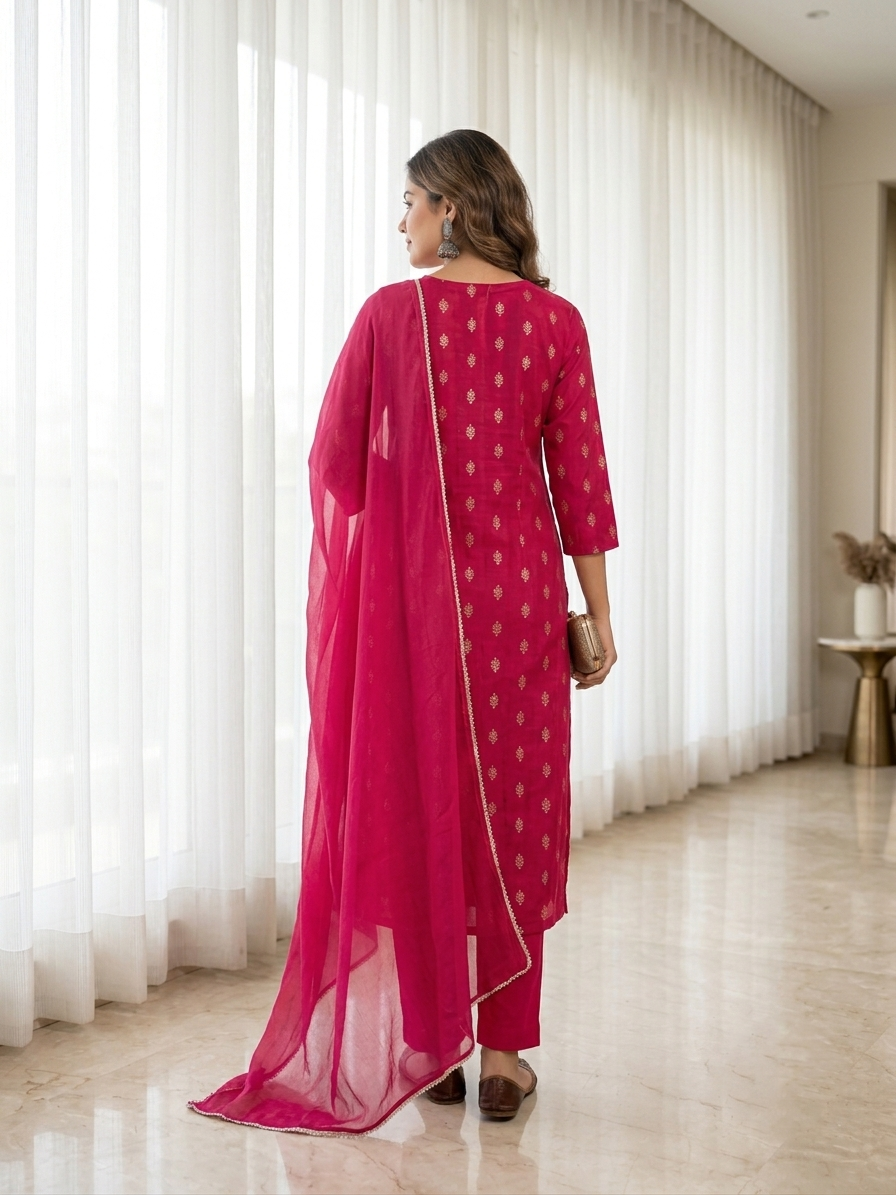 Magenta Pink Printed Cotton Kurta with Pants & Chiffon Dupatta Set