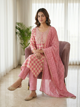 Pink Geometric Print Pure Cotton Kurta, Pant & Dupatta Set