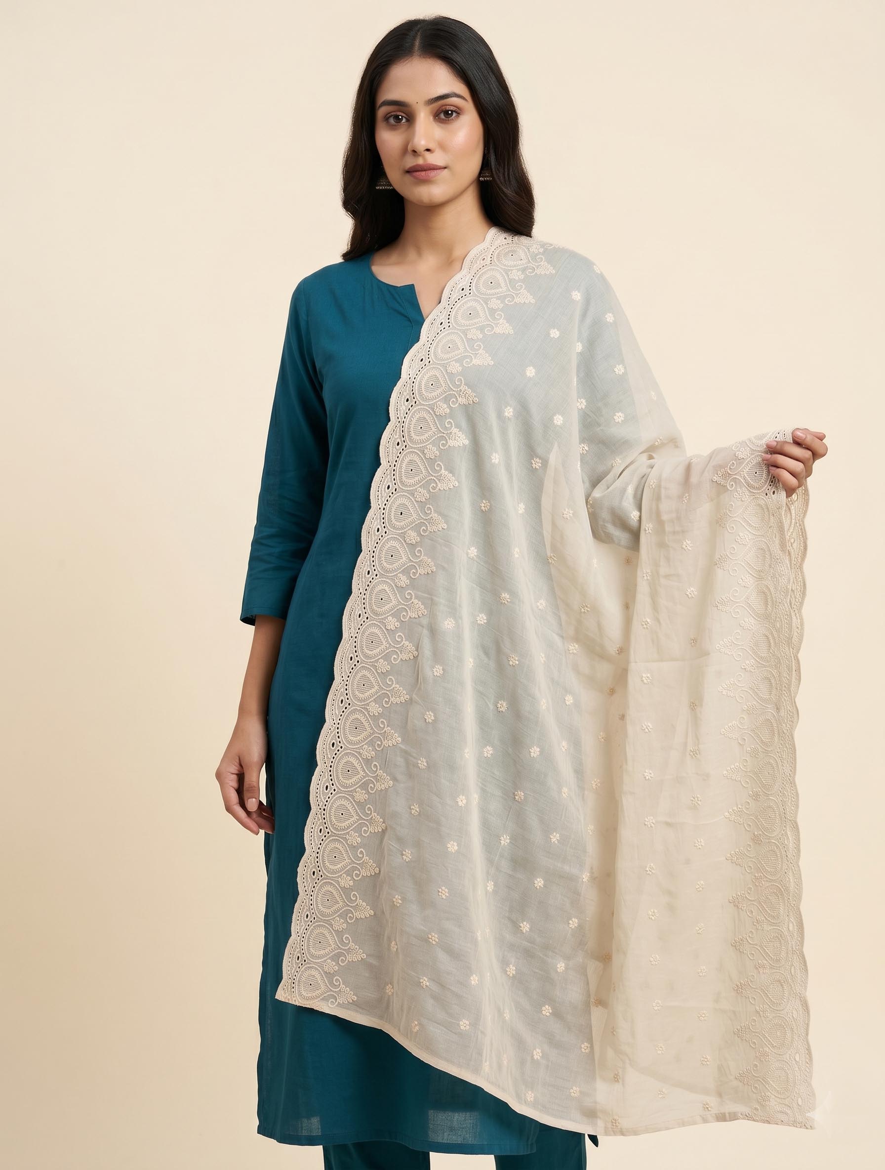 Trendzmy Pure Cotton Cora Dupatta for Women | Cream Color Thread Embroidered Dupatta | Lucknowi Chikankari Style Heavy Border Ethnic Dupatta Cream Cotton Hand wash