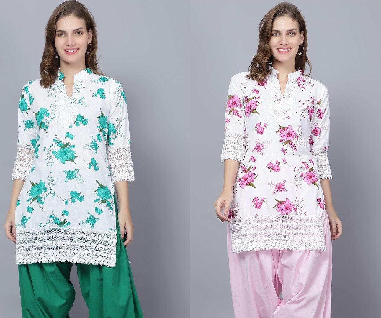 Pack of 2 Women Floral Print Cotton Blend Straight Kurta (Green, Pink) XXXL