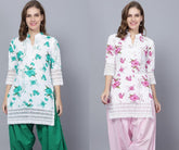 Pack of 2 Set Women Floral Print Cotton Blend Straight Kurta (Green, Pink) XXXL
