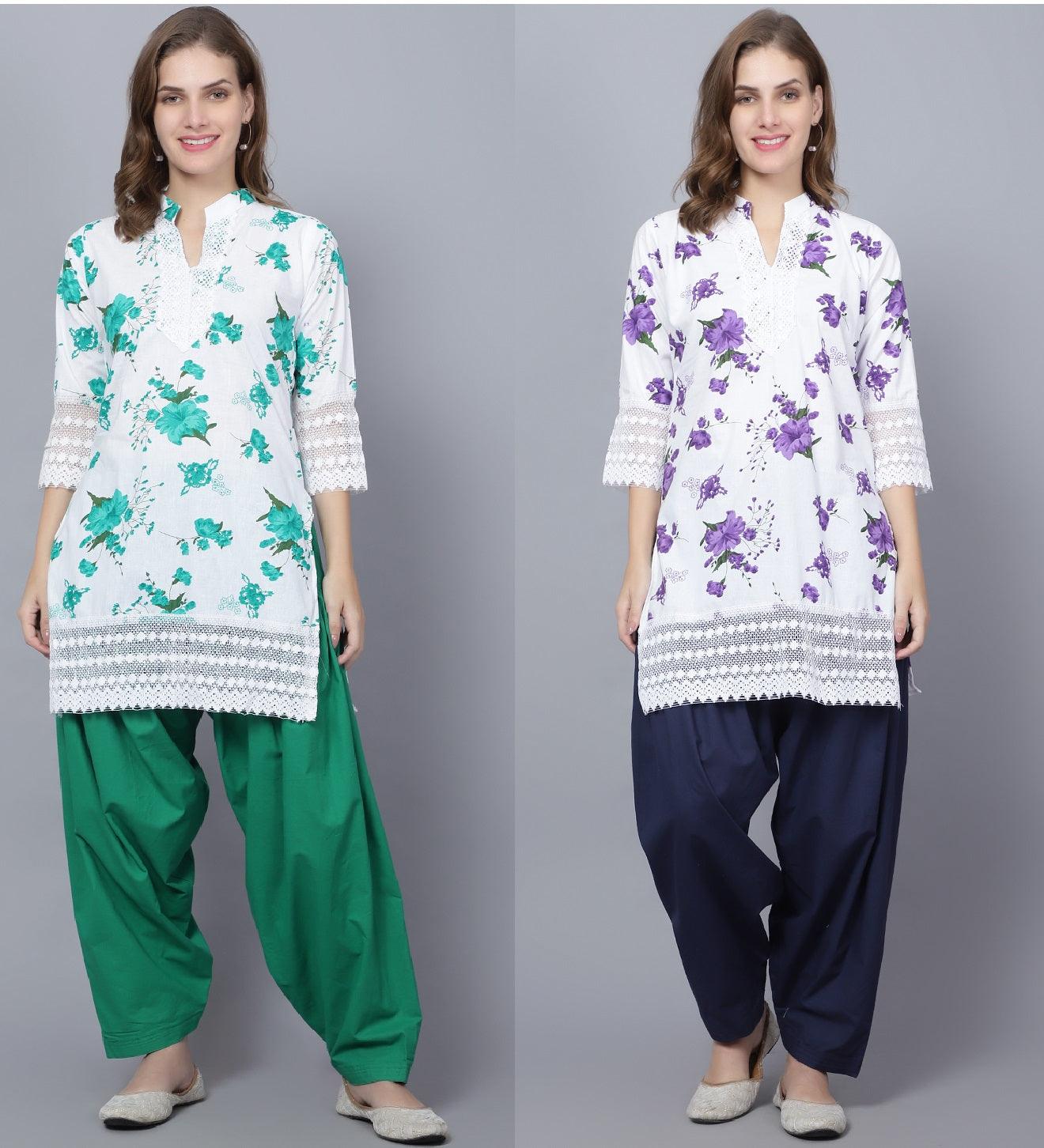 Pack of 2 Set Women Floral Print Cotton Blend Straight Kurta (Green, Purple) XXXL