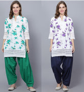 Pack of 2 Set Women Floral Print Cotton Blend Straight Kurta (Green, Purple) XXXL