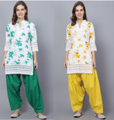 Pack of 2 Set Women Floral Print Cotton Blend Straight Kurta (Green, Yellow) XXXL
