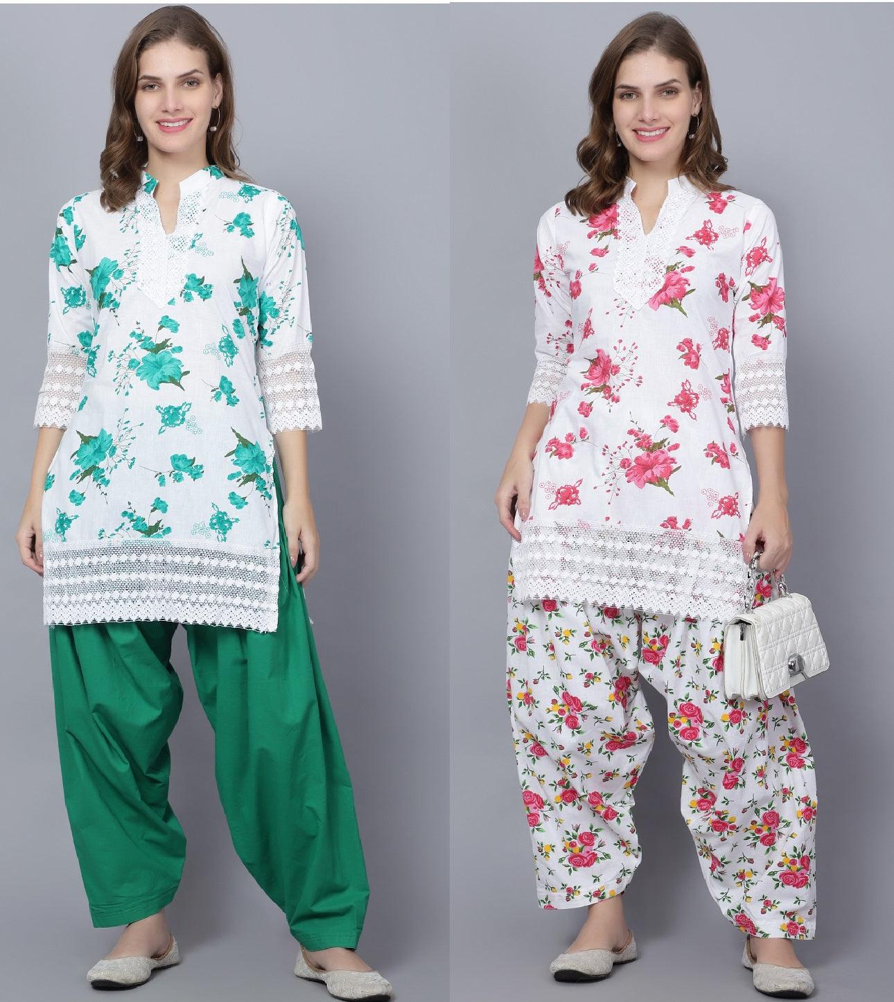 Pack of 2 Women Floral Print Cotton Blend Straight Kurta (Green, Red) XXXL