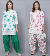 Pack of 2 Set Women Floral Print Cotton Blend Straight Kurta (Green, Red) XXXL