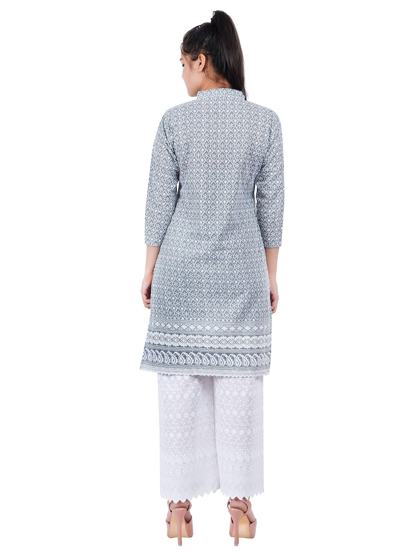 Trendzmy Women Grey Chicken Embroidered Straight Kurta