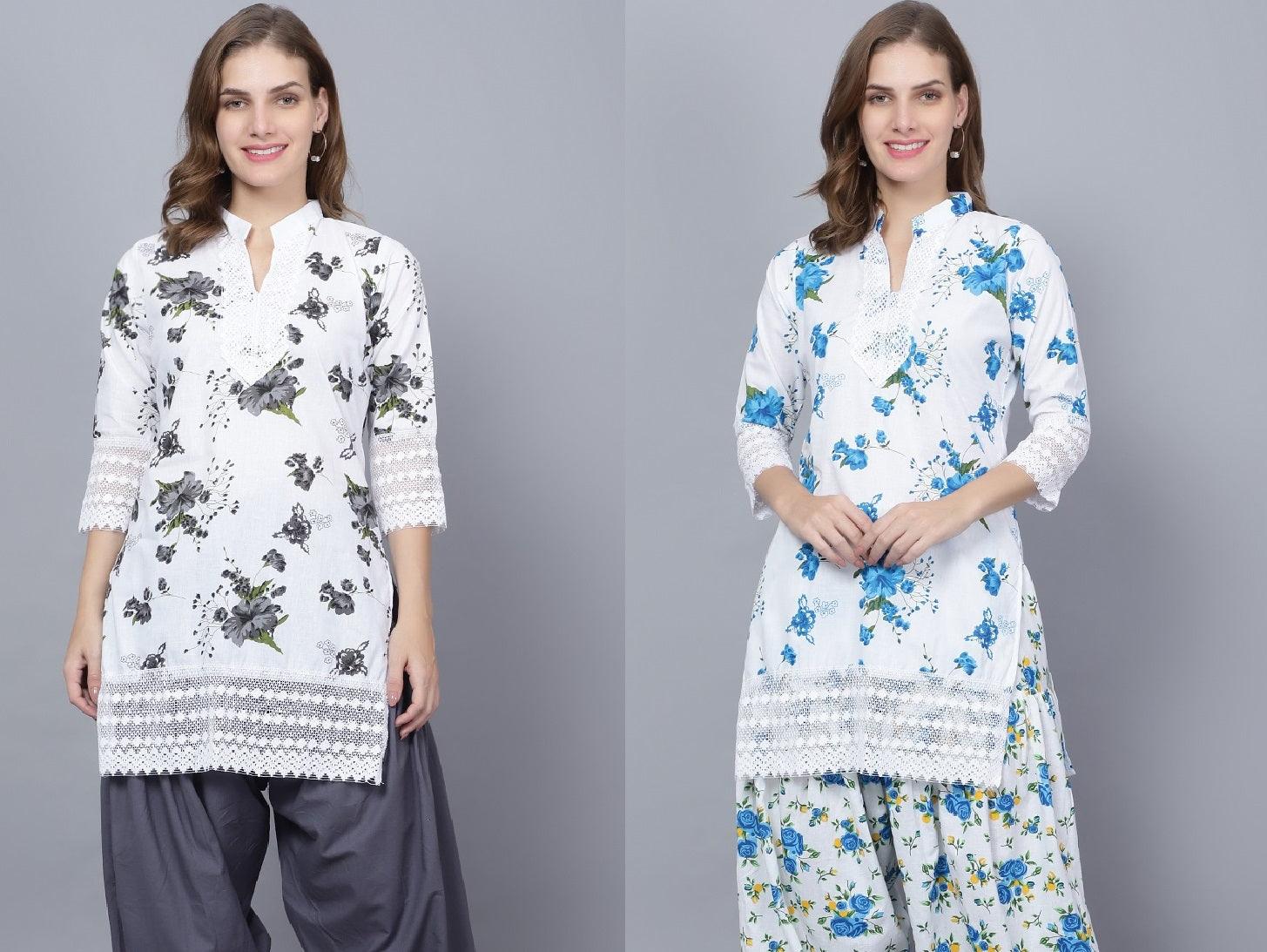 Pack of 2 Women Floral Print Cotton Blend Straight Kurta (Grey, Blue) XXXL