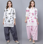 Pack of 2 Set Women Floral Print Cotton Blend Straight Kurta (Grey, Pink) XXXL