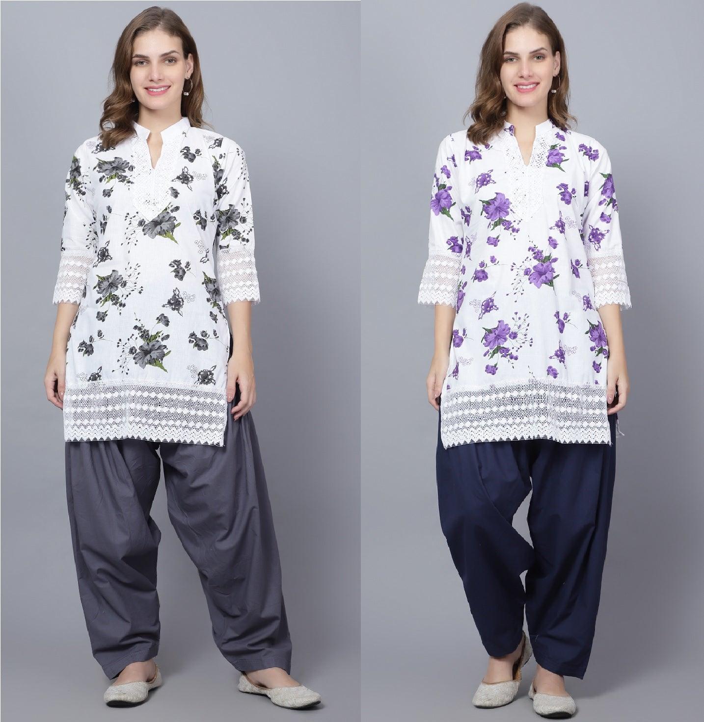 Pack of 2 Women Floral Print Cotton Blend Straight Kurta (Grey, Purple) XXXL