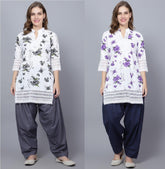 Pack of 2 Women Floral Print Cotton Blend Straight Kurta (Grey, Purple) XXXL
