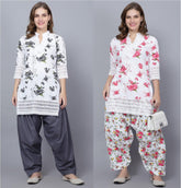 Pack of 2 Women Floral Print Cotton Blend Straight Kurta (Grey, Red) XXXL