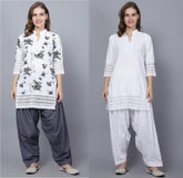 Pack of 2 Set Women Floral Print Cotton Blend Straight Kurta (Grey, White) XXXL